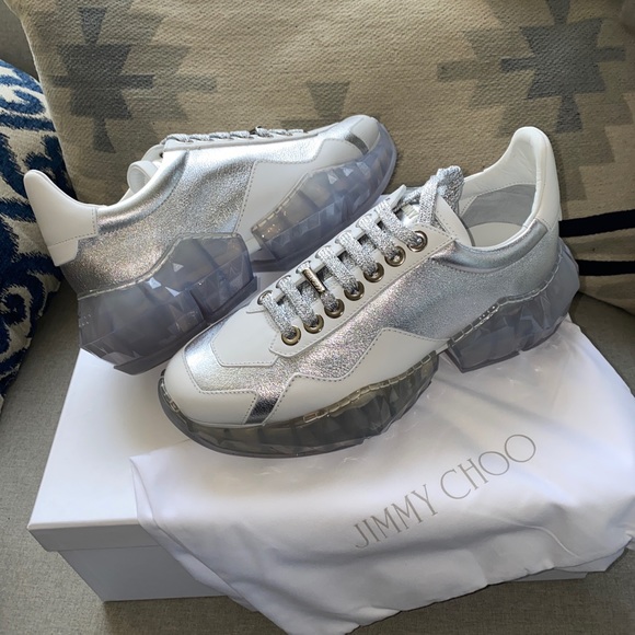 Jimmy Choo diamond Luxury sneakers silver/white metallic leather 40/10 NWT - Picture 2 of 16